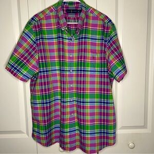 Ralph Lauren Pink Green Plaid Button Up XXL 2XL Flesh Pony Short Sleeve Cotton